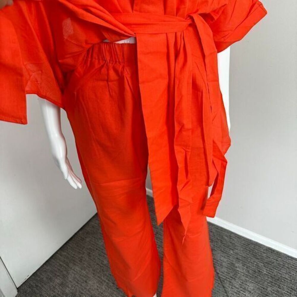 Commense Linen Cotton Orange Two-Piece Set Kimono-Style Top Wide-Leg Pant Outfit - Picture 13 of 16